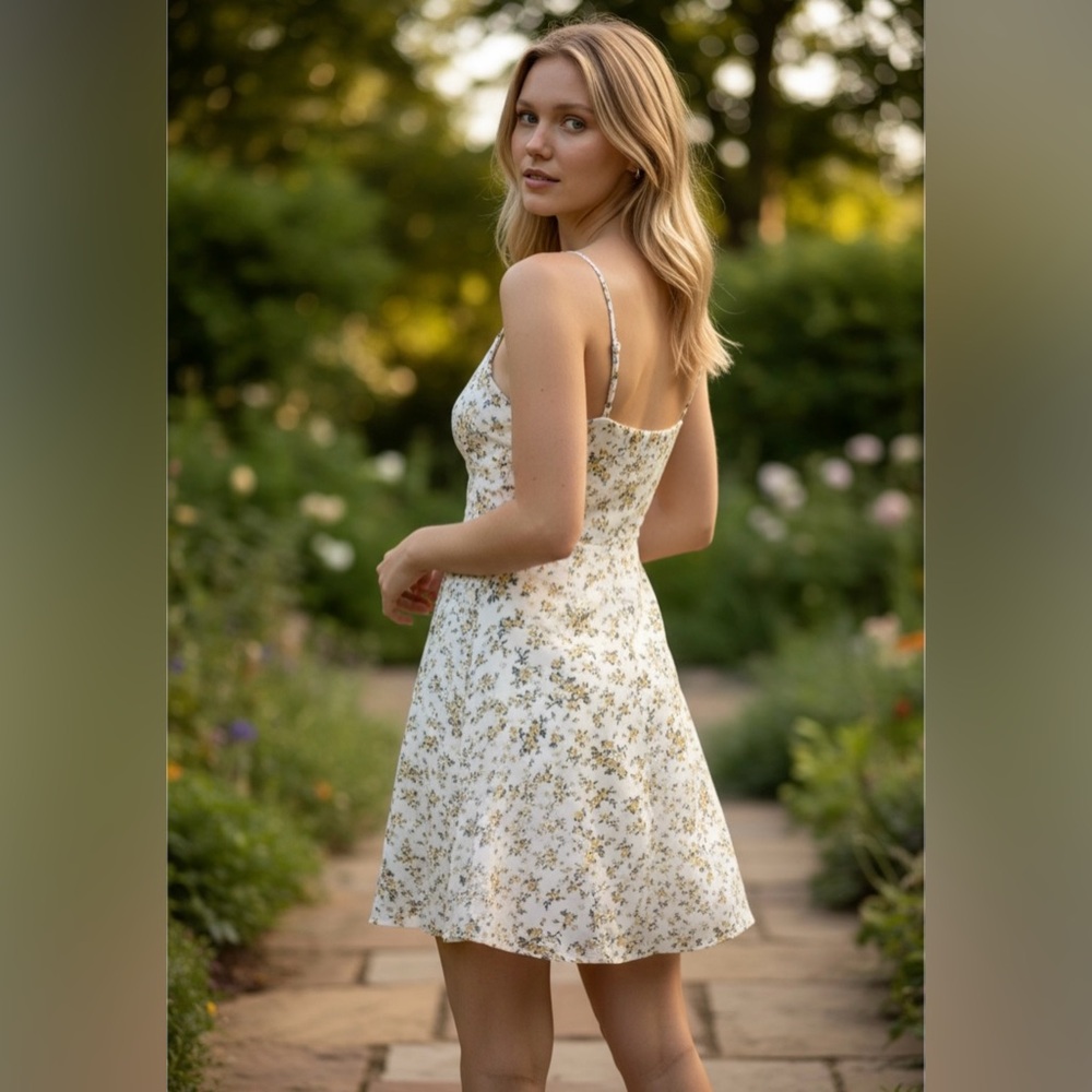 KIRIOUS Los Angeles midi dress cinched short sleeves M floral Cream